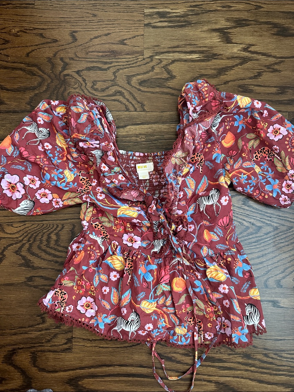 Anthropologie Burgundy Floral & Zebra Tie-Front Peasant Blouse